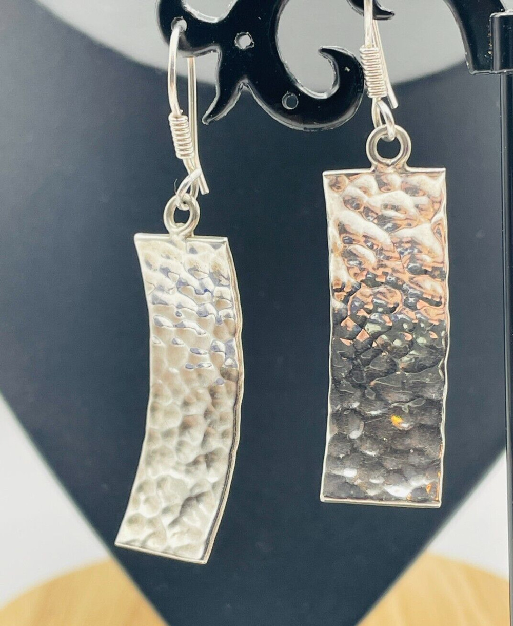 925 Curved Rectangle Hammered Sterling Silver Dangle Drop Earrings French Wire